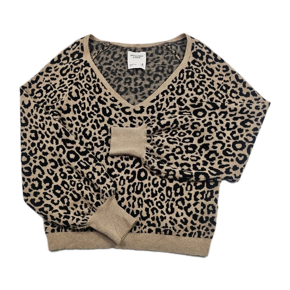Abercrombie & Fitch Womens Medium Puff Sleeve Soft Knit Deep V-Neck Crop Leopard